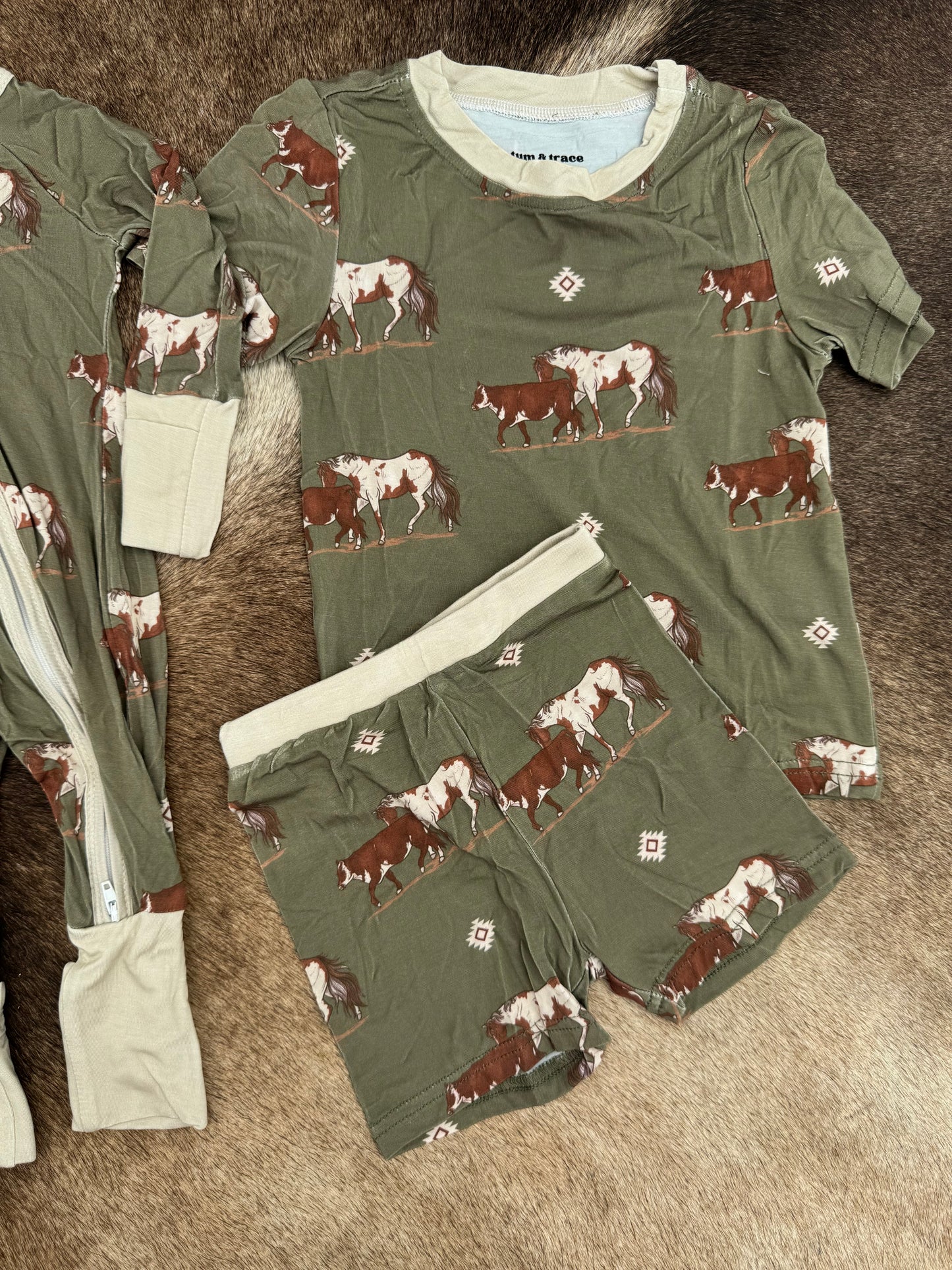 Olive Cowpony Bamboo Shorts Set