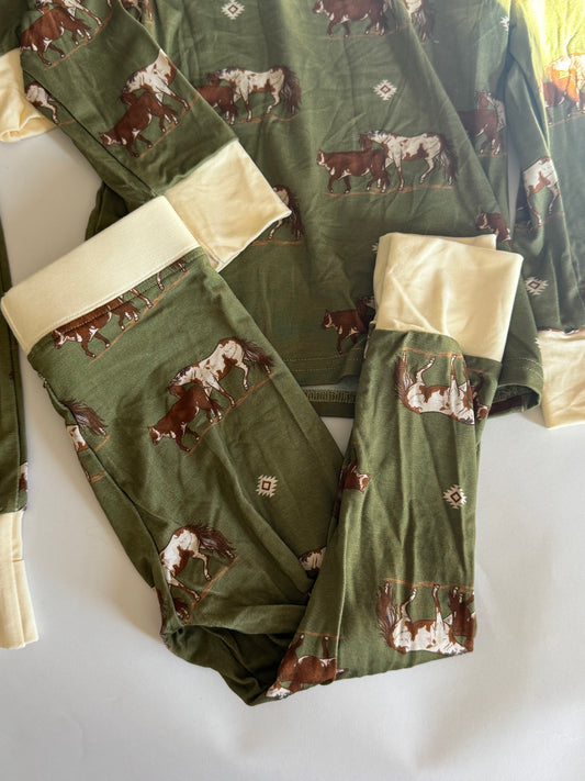 Olive Cowpony Bamboo Pants Set