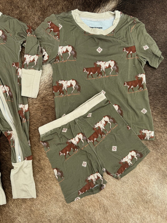 Olive Cowpony Bamboo Shorts Set